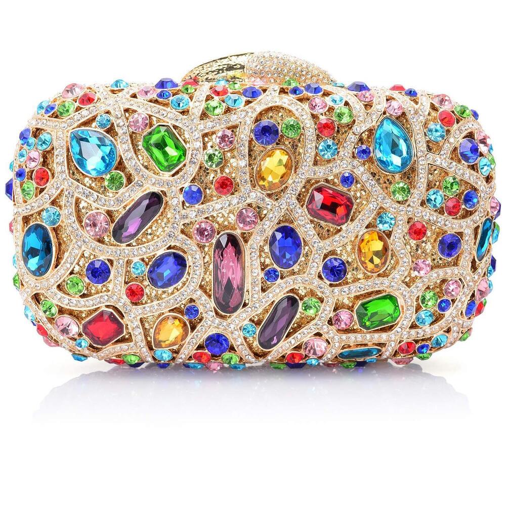 7476 Luxury Crystal Clutch Rhinestones Evening Bag Gold/colorful